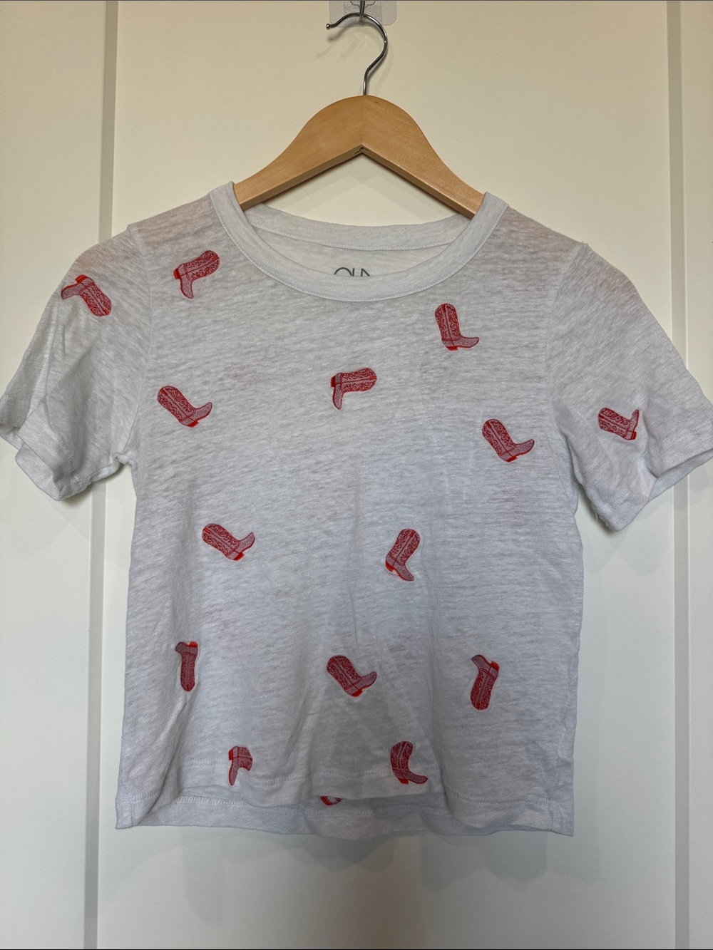 White Kids Tee with Red Boot Print